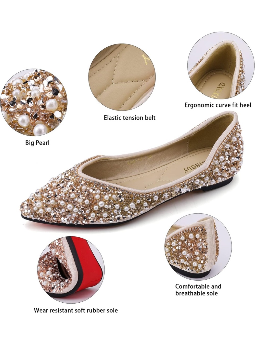 Embellished Pearl Pointed Toe Flat - Champagne - Picture 4 of 14